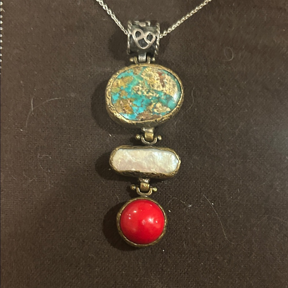 Elegant Natural turquoise, pearl and coral silver Pendant Necklace